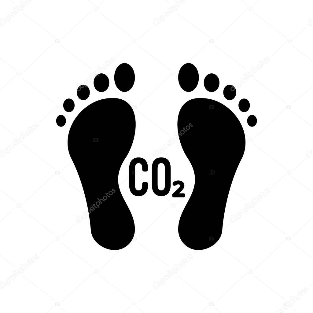 Carbon footprint icon. Black footprints with CO2 text. Two human feet. Toxic gases pollution, global warming concept. Environmental damage. Fossil fuel. Zero emission goal. Vector illustration,clipart
