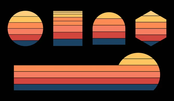 具有不同形状的复明日落 老式日落系列70年代80年代风格 五个选项 六边形 半圆形 颜色渐变 T恤的设计元素 矢量说明 — 图库矢量图片