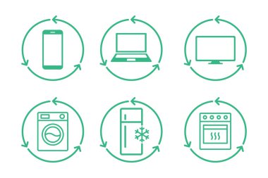 Elektronik atık hattı simgesi seti. Ev aletleri geri dönüşüm yapıyor. Boşa gitti. Cep telefonu, dizüstü bilgisayar, televizyon, çamaşır makinesi, buzdolabı, oklarla birlikte geri dönüşüm çemberi. Sıfır kayıp. Vektör illüstrasyonu, klip sanatı