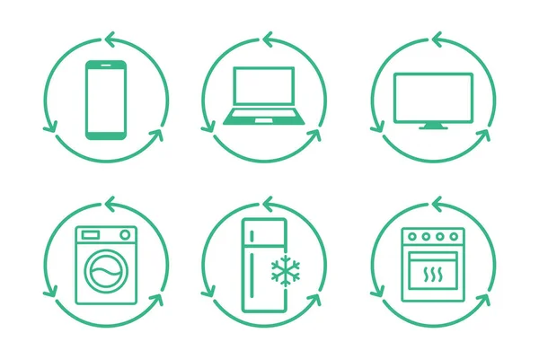 Elektronik atık hattı simgesi seti. Ev aletleri geri dönüşüm yapıyor. Boşa gitti. Cep telefonu, dizüstü bilgisayar, televizyon, çamaşır makinesi, buzdolabı, oklarla birlikte geri dönüşüm çemberi. Sıfır kayıp. Vektör illüstrasyonu, klip sanatı