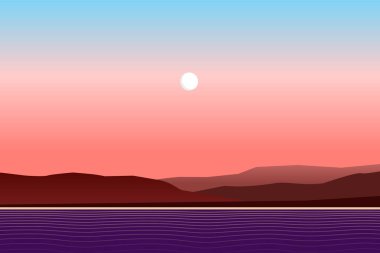 Minimalist kırmızı ay ışığı manzarası okyanus, tepeler, plaj ve gökyüzü. Basit geometrik şafak manzarası. Dolunay maliyetinin üstünde. Deniz ve dağlarla gün doğumu manzarası. Vektör illüstrasyonu, düz, klip sanatı. 