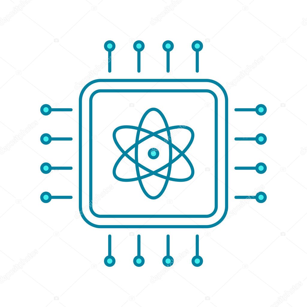 Quantum computing line icon. Blue semiconductor chip with atom symbol. Computer science innovation. Futuristic technology and artificial intelligence. CPU board. Vector illustration, flat, clip art. 