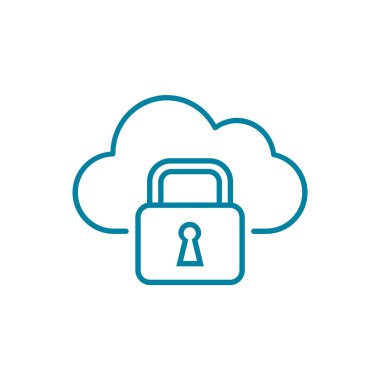 Bulut hesaplama güvenlik hattı simgesi. Asma kilitli bir bulut. Bulut sunucularındaki güvenli veri yedeği. İnternetteki mahremiyet. Şifre anahtarı ve bilginin şifrelemesi. Vektör illüstrasyonu, düz, klip sanatı.