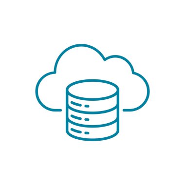 Bulut veritabanı fonksiyon çizgisi simgesi. Sunucu rafı sembollü bulut. Bulut bilgisayar çevrimiçi depolama. Bir hizmet kanalı olarak altyapı. Web sunuculuğu ve veri yedeği. Vektör illüstrasyonu, düz, klip sanatı.