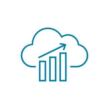 Bulut istatistik çizgisi simgesi. ETL veri dönüşüm konsepti. Grafikle bulut hesaplama. Veri analizi fikri. Arama motoru optimizasyonu SEO. İş araştırması. Vektör illüstrasyonu, düz, klip sanatı. 