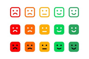 Satisfaction rating scale with color square faces. Customer feedback and emotion evaluation set. Survey results, quality rating, and performance measurement for business or service analysis. Vector