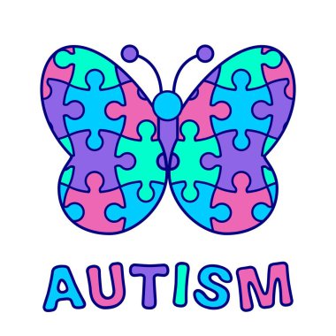 Yapboz desenli otizm farkındalığı kelebeği. Otizmin kabul ve desteğin sembolü. Vektör çizimi. Otizm spektrumu sosyal kampanyaları kapsama, sevgi, potansiyel ve anlayışı teşvik ediyor.