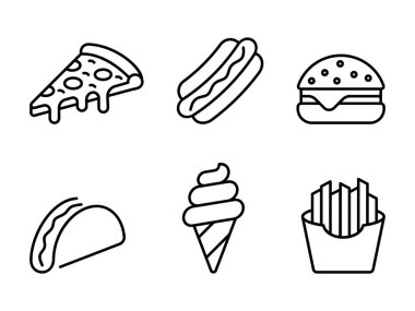 Fast food hattı ikonu seti. Pizza, sosisli, hamburger, taco, dondurma, patates kızartması. Fast food konsepti. Menüler, yemek uygulamaları, restoran markalaşması, teslimat hizmetleri ve atıştırmalıklar için tasarım. Vektör illüstrasyonu. 