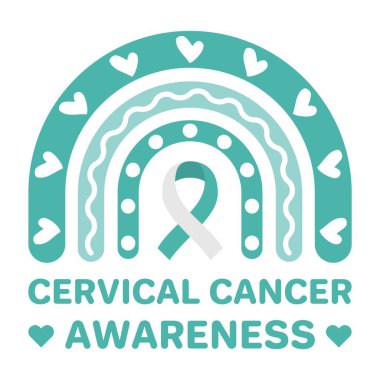 Rahim ağzı kanseri farkındalığı. Kurdeleli ve kalpli Teal ve beyaz gökkuşağı. Tıbbi kampanyalar, kadın sağlığı eğitimi, önleme materyalleri ve destek için uygun tasarım. Vektör illüstrasyonu. 