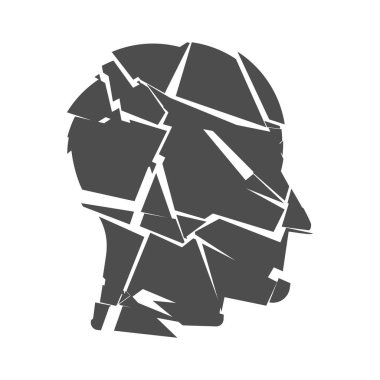 Kırık baş silueti zihinsel sağlık sorunlarını sembolize ediyor. Travma sonrası stres bozukluğu, Alzheimer hastalığı, depresyon, stres, kafa karışıklığı, travma ve duygusal sorunların sembolü. Parçalanmış bir adam. Vektör illüstrasyonu. 