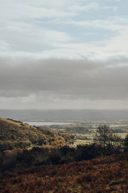 Güneşli bir sonbahar gününde İngiltere, Somerset 'teki Mendip Hills' in tepesinden manzara..