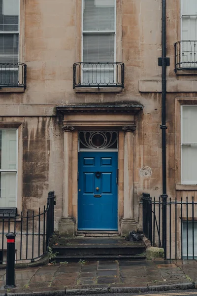 Bright Blue Front Door Traditional Limestone Terraced House Bath Somerset — Stock Photo, Image