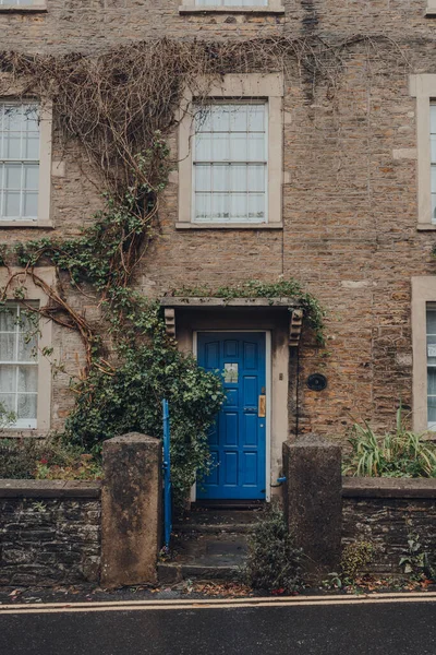 Frome October 2020 Bright Blue Front Door Traditional Stone Terraced — Stock Photo, Image