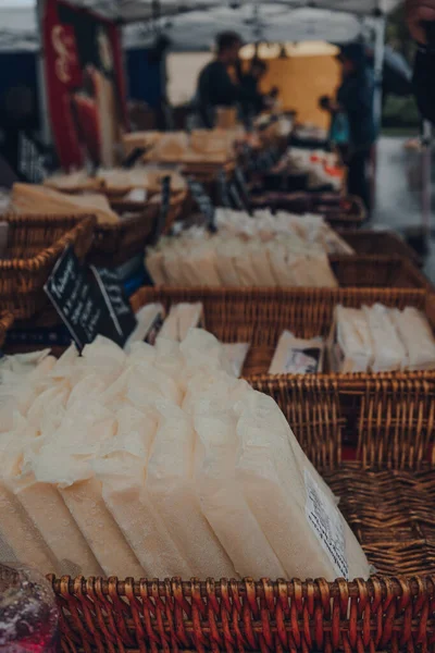 Frome October 2020 Variety Local Cheeses Baskets Sale Street Market — Stock Photo, Image