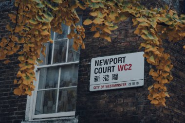 Londra, İngiltere - 19 Kasım 2020: Çin Mahallesi 'ndeki Newport Court' ta İngilizce ve Çince sokak adı levhası, büyük Doğu Asya toplumuna ev sahipliği yapar ve yemek ve etkinlikleriyle ünlüdür..