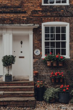 Rye, İngiltere - 10 Ekim 2020: Rye 'daki geleneksel bir İngiliz kulübesinin cephesi, Doğu Sussex, İngiltere' nin en iyi korunan ortaçağ kasabalarından biri..