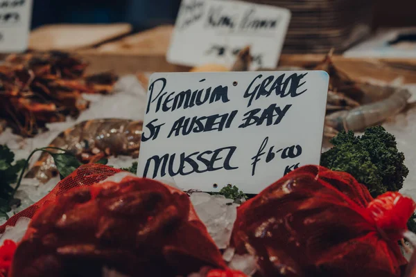 Close Price Tag Premium Grade Austell Bay Μύδια Προς Πώληση — Φωτογραφία Αρχείου
