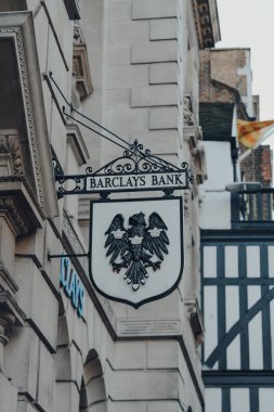London, UK - November 19, 2020: Old Barclays Bank sign outside a branch in Fleet Street in the City of London, a famous financial district.