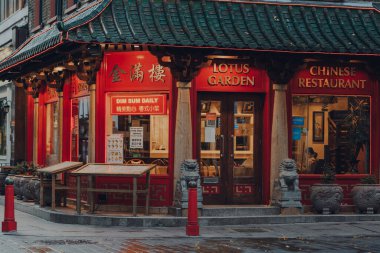 London, UK - November 19, 2020: Exterior of closed Lotus Garden restaurant in Chinatown, London. Chinatown is home to a large East Asian community and is famous for its eateries and event