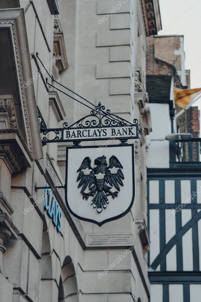 London, UK - November 19, 2020: Old Barclays Bank sign outside a branch in Fleet Street in the City of London, a famous financial district.
