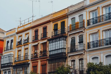 Seville, Endülüs, İspanya 'da bir caddede geleneksel renkli binalar dizisi.