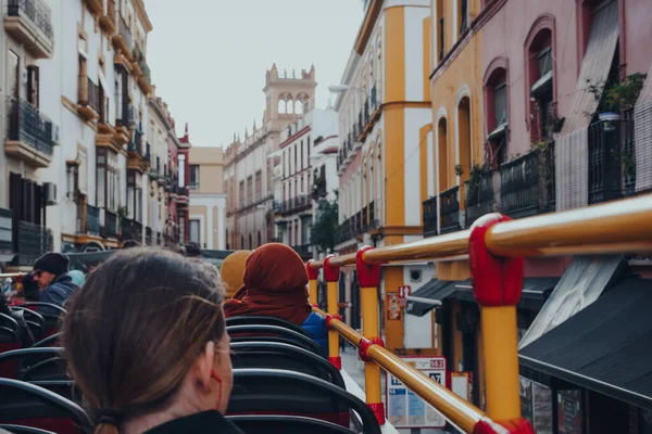 Seville Spain January 2020 Open Top Tour Bus Driving Narrow — Stock Photo, Image