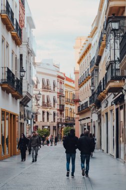 Seville, İspanya - 19 Ocak 2020: Güney İspanya 'nın Endülüs bölgesinin başkenti Sevilla' da bir caddenin önünden geçen insanlar ve popüler bir turizm merkezi, seçici bir odak noktası.