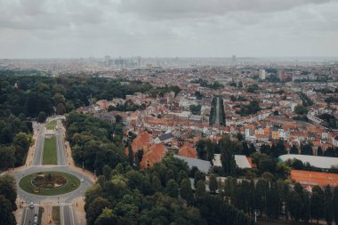 Brussels, Belgium - August 16, 2019: Aerial view of Boulevard du Centenaire and rooftops of Brussels, the largest municipality and historical centre of the Brussels-Capital Region.