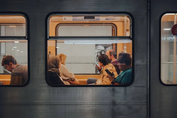 Brussels Belgium August 2019 View Window People Brussels Metro Carriage — Stock Photo, Image