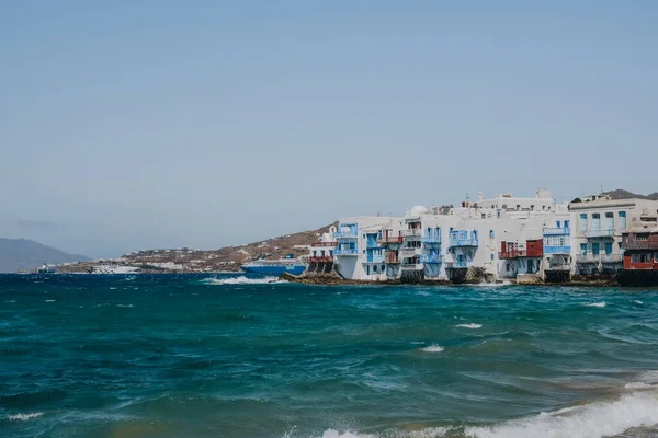 Vista Das Casas Velhas Little Venice Hora Cidade Mykonos Mykonos — Fotografia de Stock