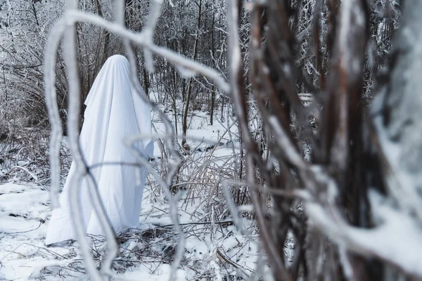 Ormandaki karlı dallar arasında hayalet figürü.