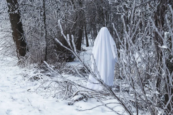 Ormandaki karlı dallar arasında hayalet figürü.