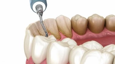 Ağız temizliği: Diş Temizleme Ultrasonik Ölçekleme (geleneksel periodontal terapi). İnsan diş tedavisinin tıbbi açıdan doğru üç boyutlu animasyonu