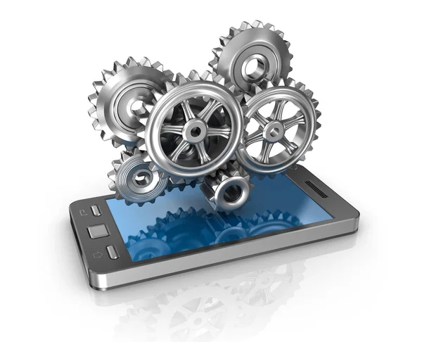 Mobile phone and gears. Application development concept. — Stock Photo, Image