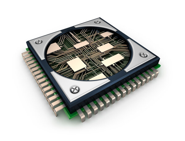 Процессор с видимыми схемами на белом фоне
