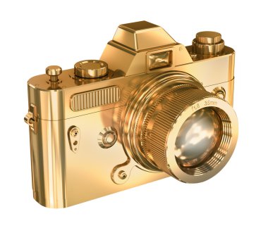 beyaz zemin üzerine altın fotoğraf makinesi