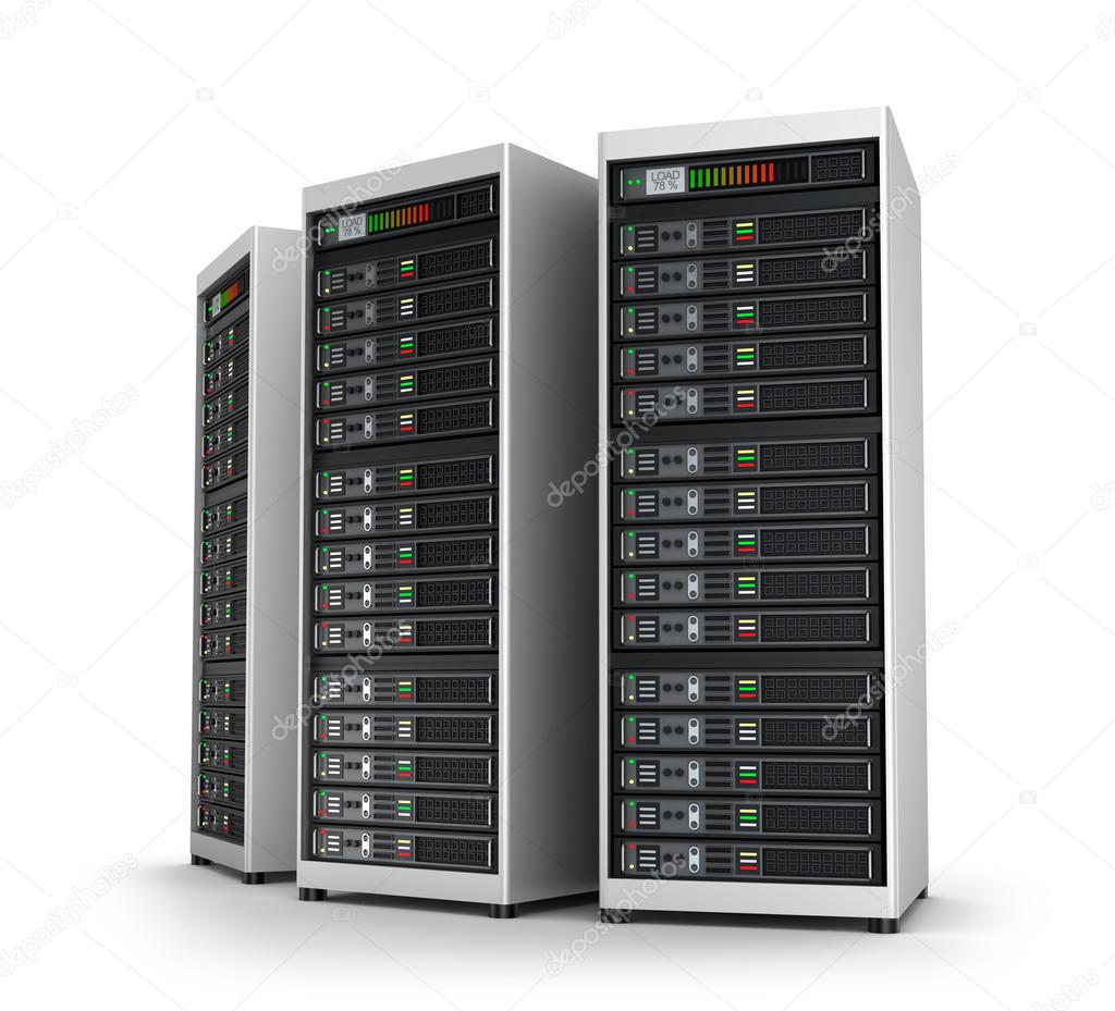 Row of network servers in data center isolated on white