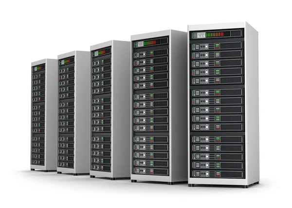 Row of network servers in data center isolated on white — Stock Photo, Image