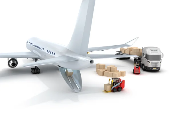 Airport : forklift is loading the airplane — Stock Photo, Image