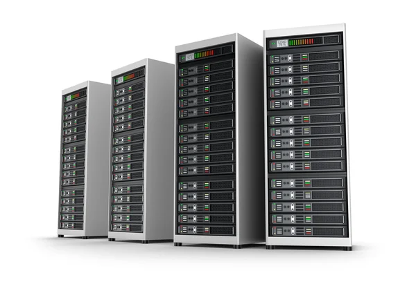Reihe von Netzwerkservern im Rechenzentrum isoliert auf weißem Hintergrund — Stockfoto