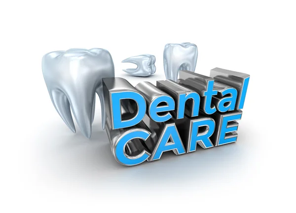 Opieka stomatologiczna tekst i zęby, 3d koncepcja na białym tle — Zdjęcie stockowe