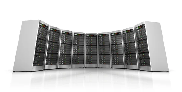 Riga di server di rete in data center isolati su sfondo bianco — Foto Stock