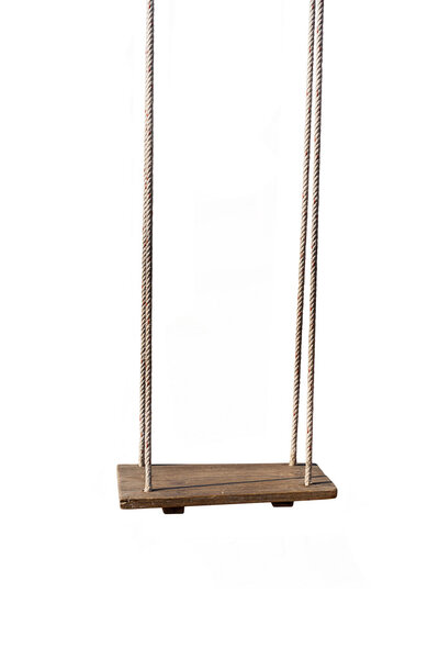 An old wood swing hanged on a tree Isolated on white background