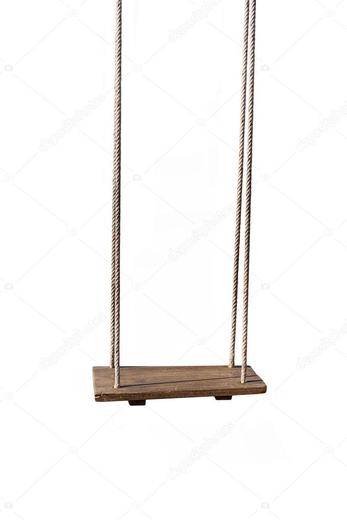 An old wood swing hanged on a tree Isolated on white background