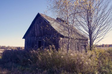 Bu eski bina hâlâ duruyor ve hâlâ kullanımda. Quebec kırsal alanı dolu ve tarlalarımızı süslüyor. Fotoğraf sonbaharda çekildi. Acton Vale, Quebec, Kanada; 11 Ekim 2020.