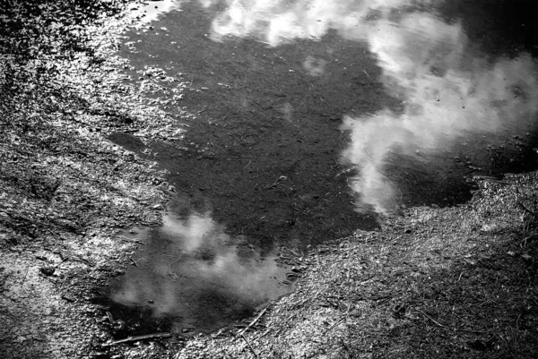 Black and white image of a puddle with reflected blurry sky.