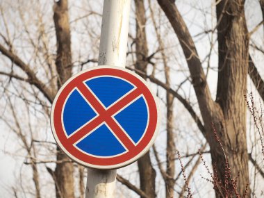 Arka planda çıplak ağaçlar olan yol işareti