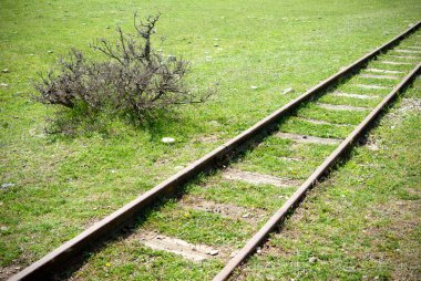 Yeşil çimlerle çevrili terk edilmiş guguklu tren yolu. Kırık guguklu tren yolu.