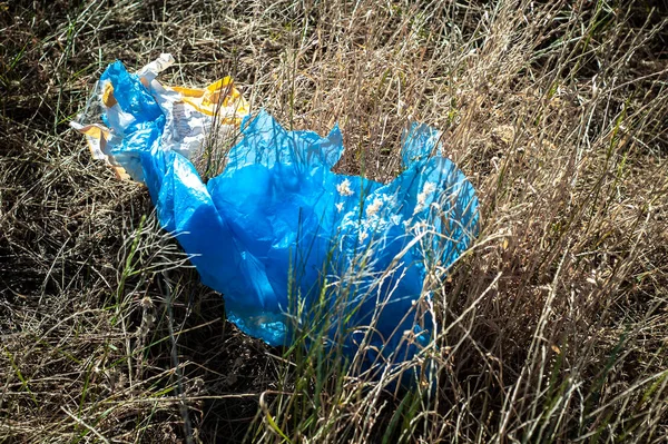 Rustavi Georgia June 2021 Blue Plastic Bag Ground Nature Pollution — Stock Photo, Image