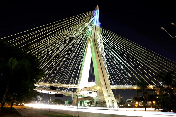 Bridge suspended on cables lit with LED lights — Stock Photo, Image